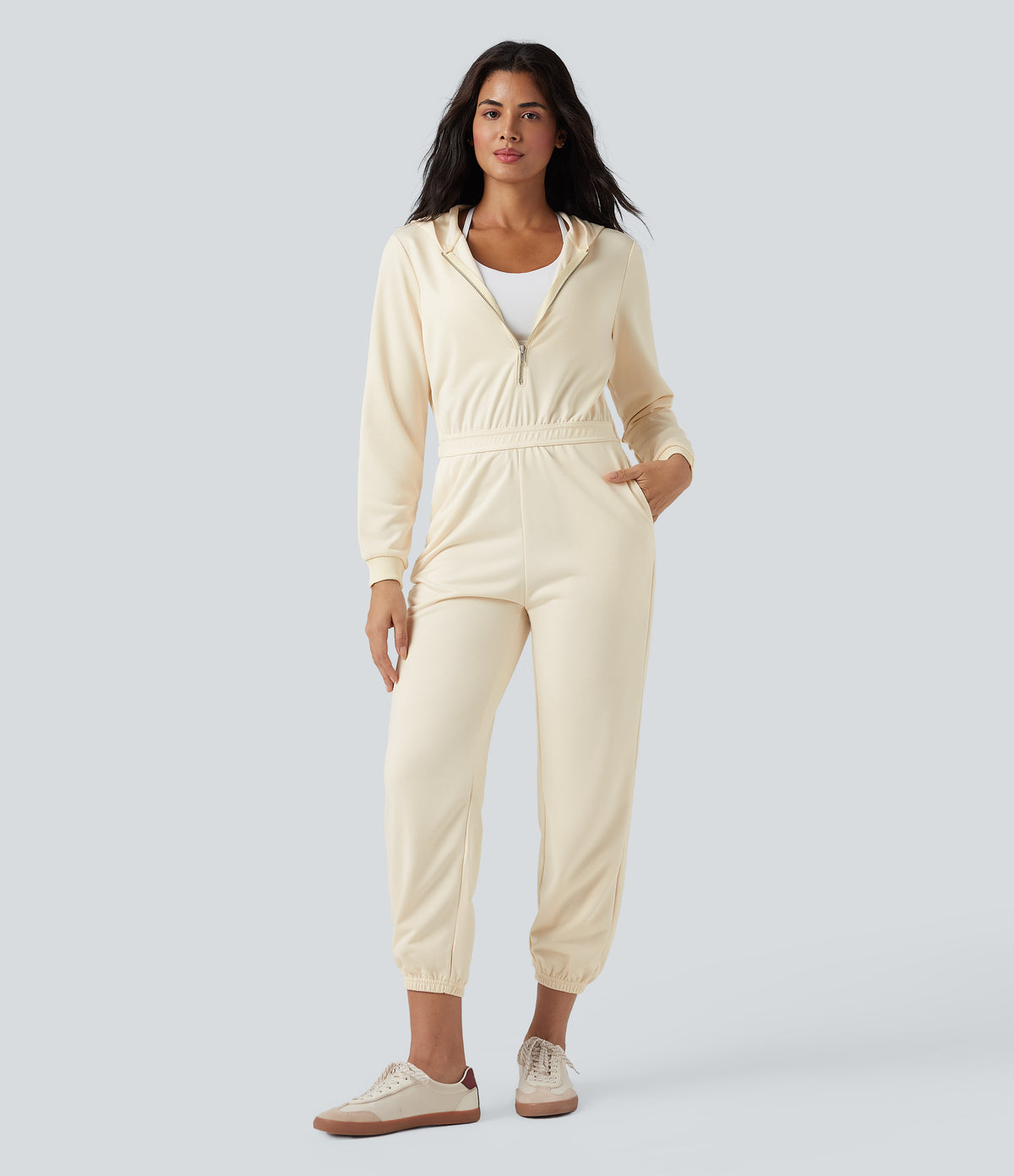 Hooded Long Sleeve Casual Jogger Jumpsuit with Pockets-Edition — Antique White — view 1