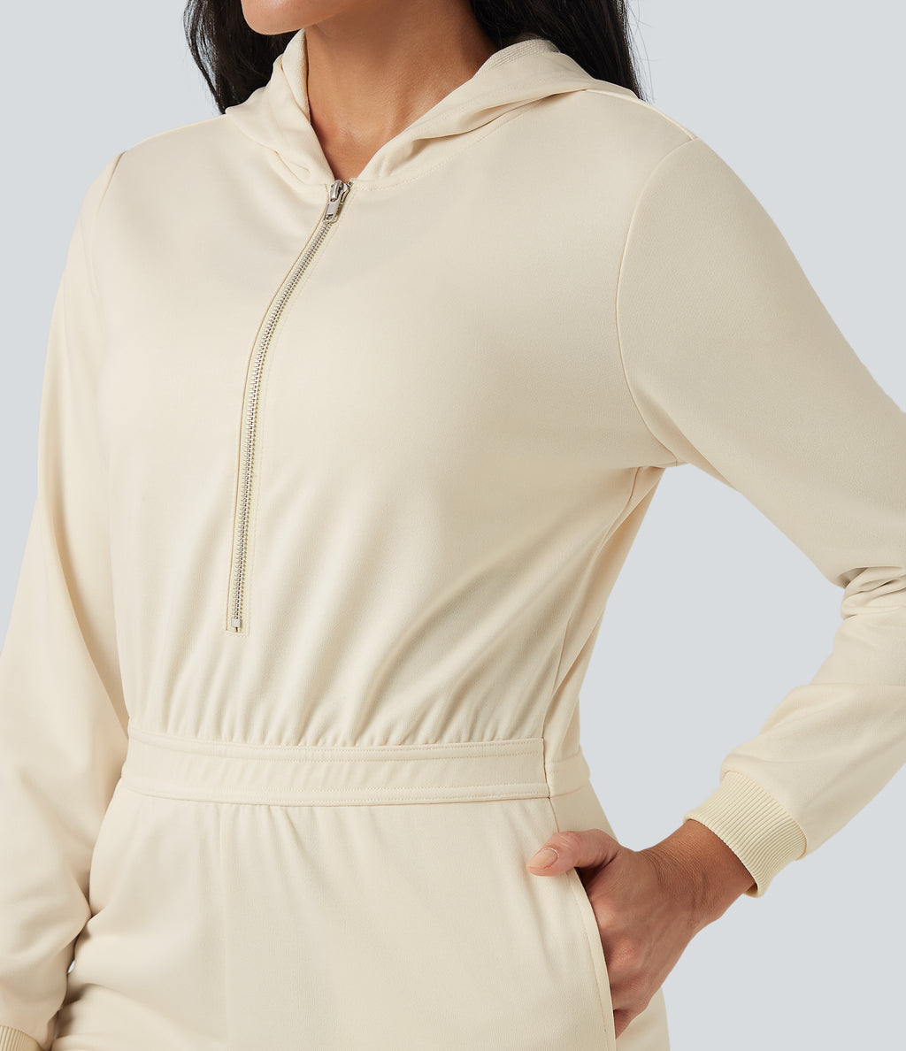 Hooded Long Sleeve Casual Jogger Jumpsuit with Pockets-Edition — Antique White — view 7