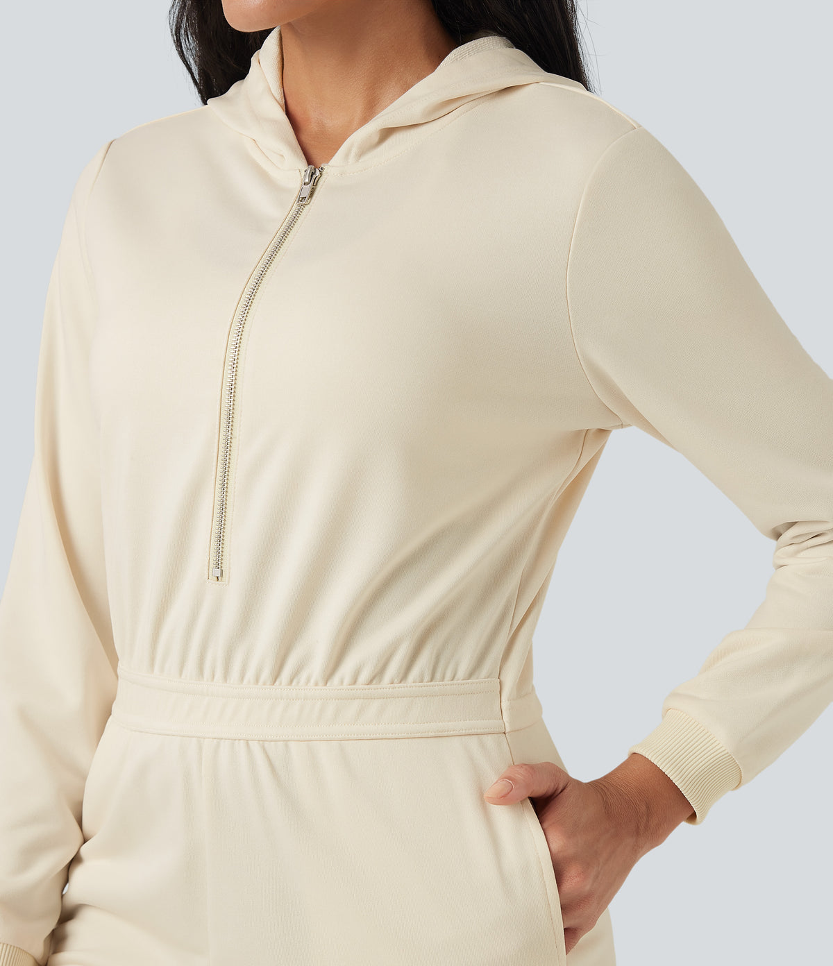 Hooded Long Sleeve Casual Jogger Jumpsuit with Pockets-Edition — Antique White — view 7