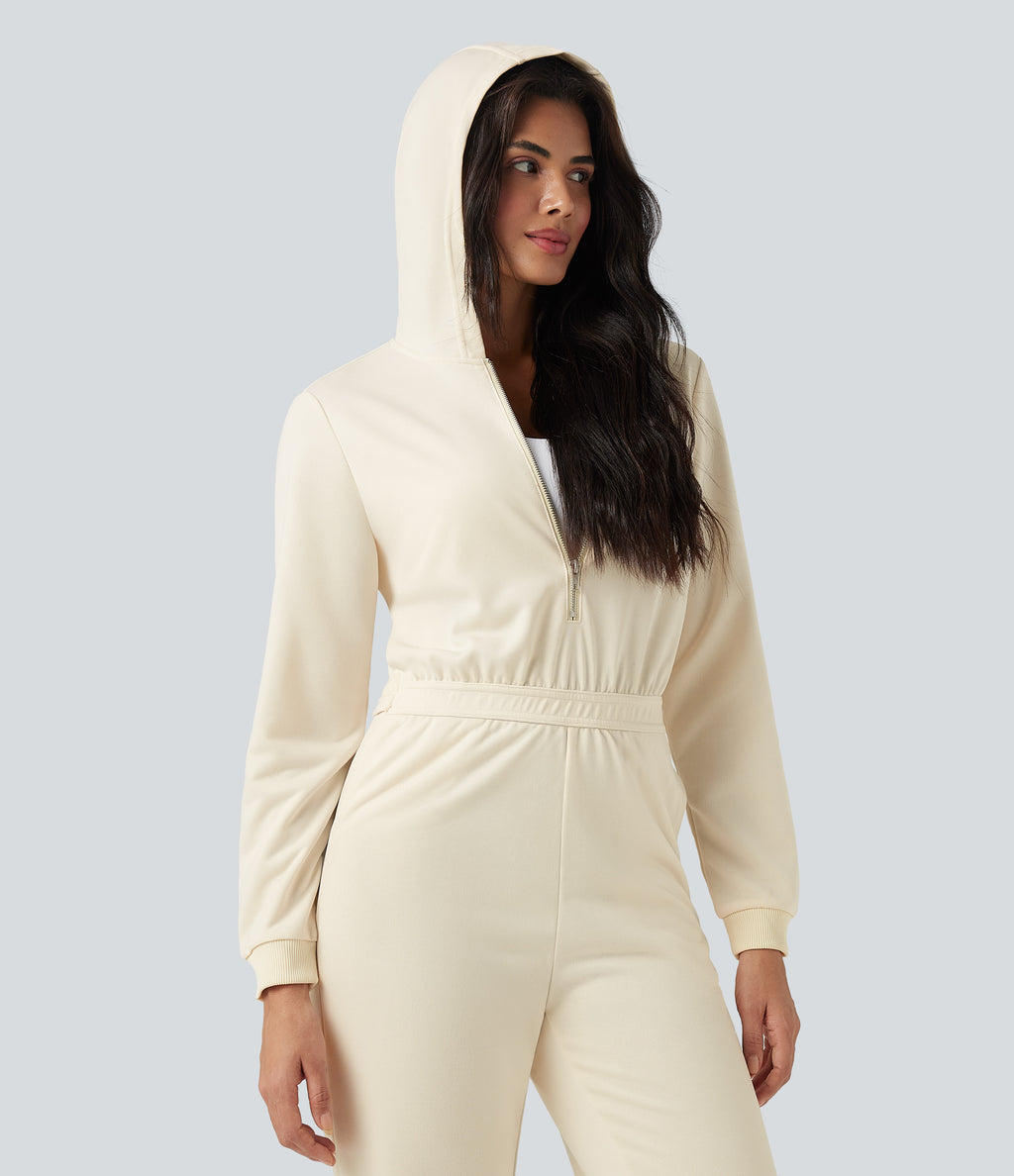 Hooded Long Sleeve Casual Jogger Jumpsuit with Pockets-Edition — Antique White — view 5