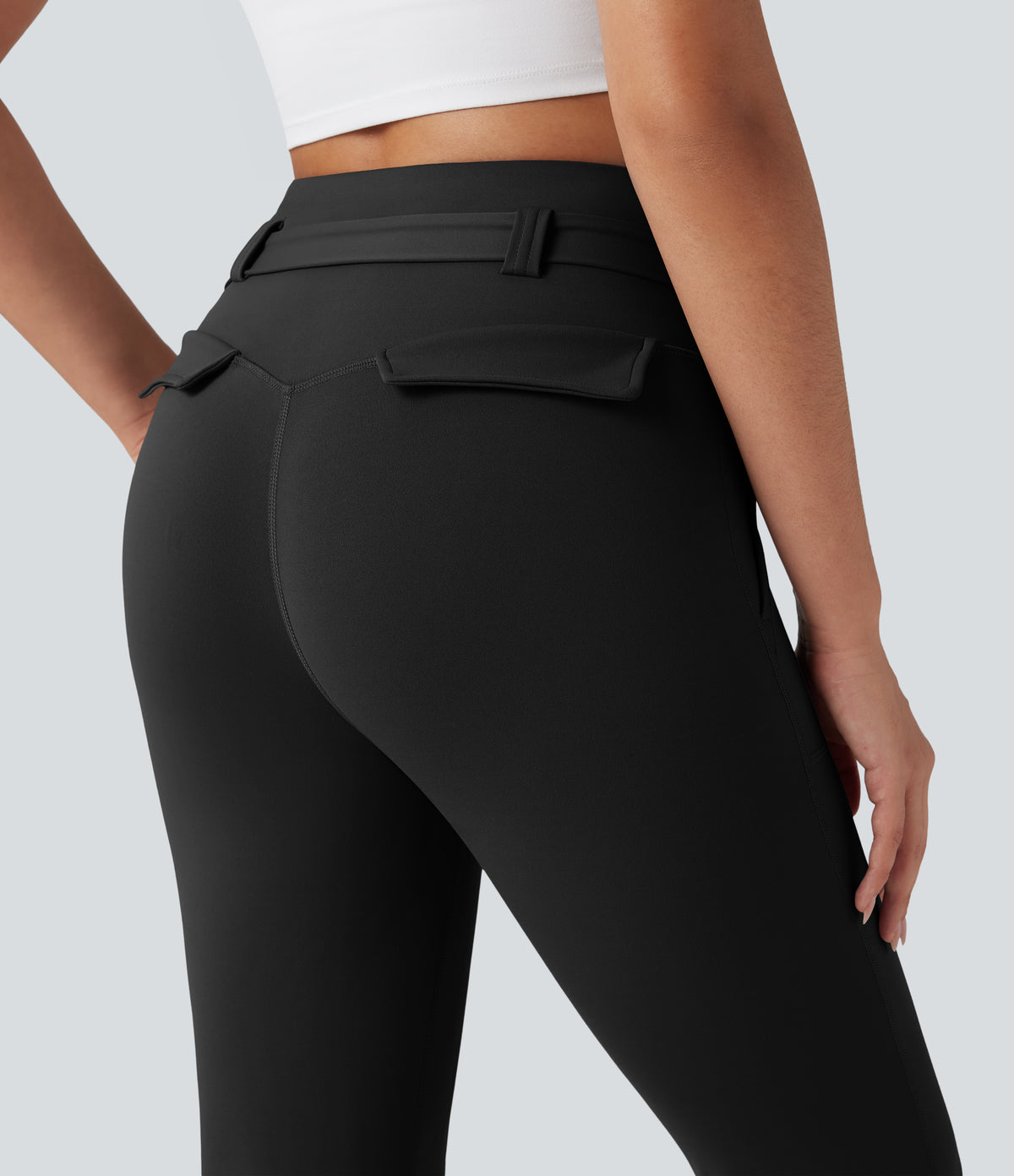 High Waisted Tummy Control Bootcut Hiking Leggings with Pockets — Black — view 5