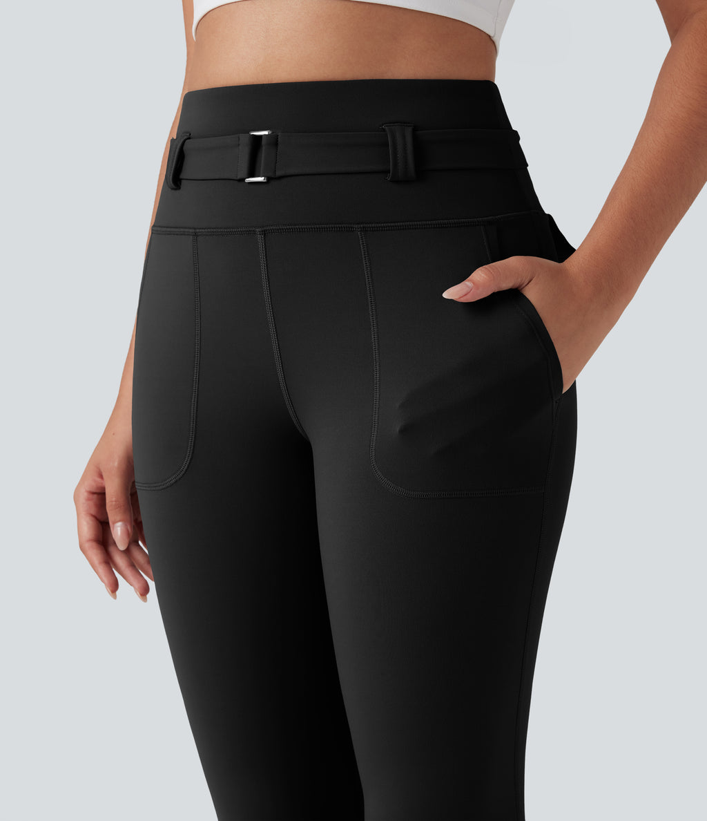 High Waisted Tummy Control Bootcut Hiking Leggings with Pockets — Black — view 4