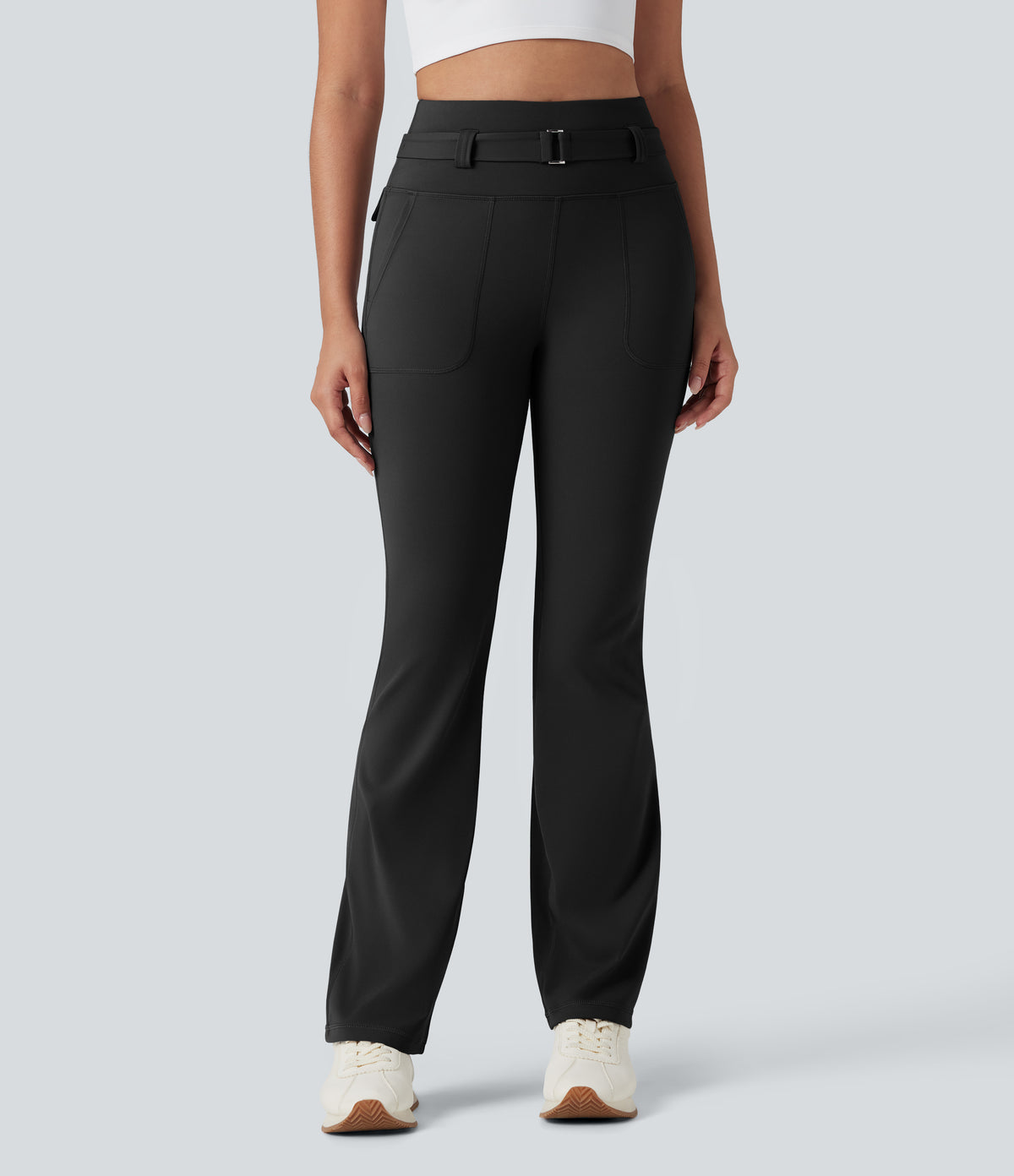 High Waisted Tummy Control Bootcut Hiking Leggings with Pockets — Black — view 3