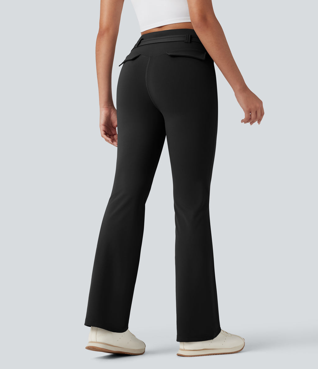 High Waisted Tummy Control Bootcut Hiking Leggings with Pockets — Black — view 2