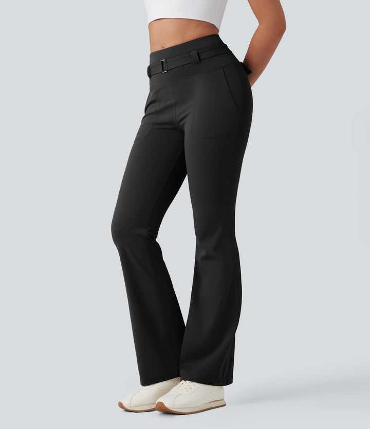 High Waisted Tummy Control Bootcut Hiking Leggings with Pockets — Black — view 1