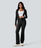 High Waisted Tummy Control Bootcut Hiking Leggings with Pockets — Black — view 7