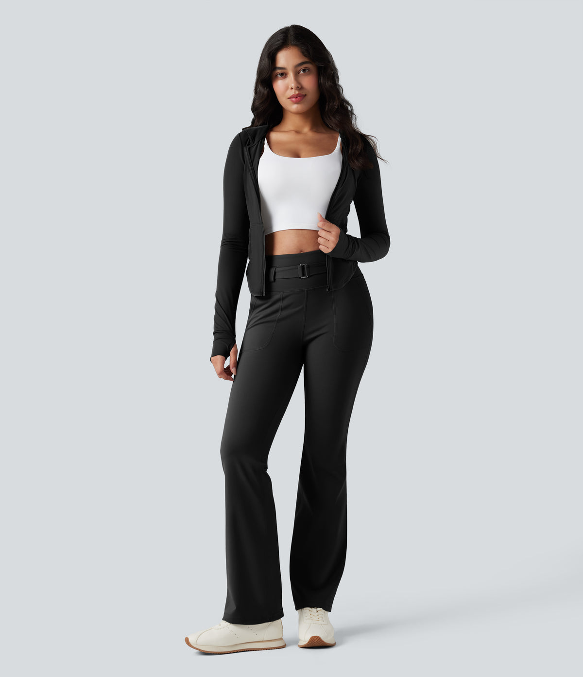 High Waisted Tummy Control Bootcut Hiking Leggings with Pockets — Black — view 7