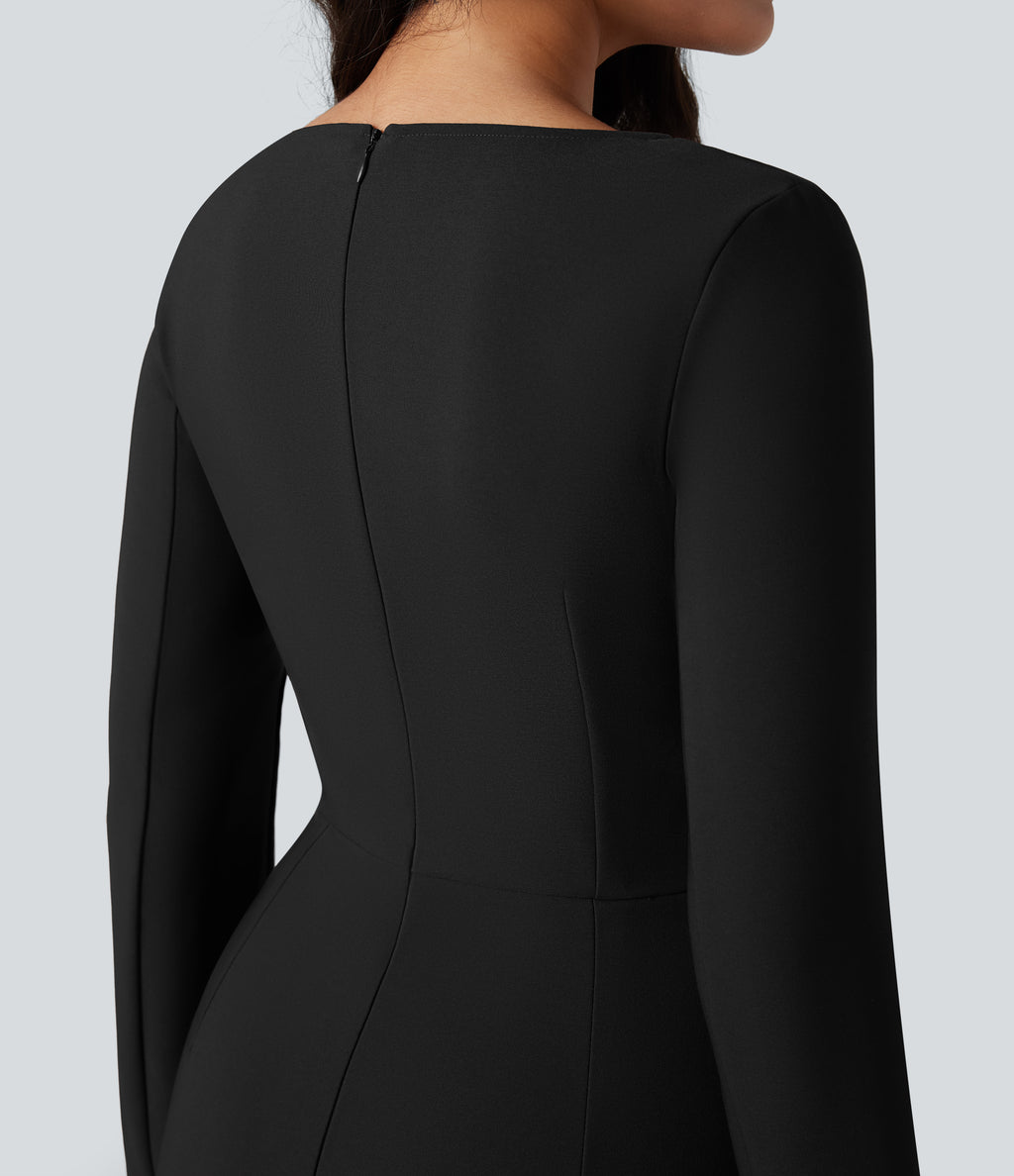 Square Neck Long Sleeve Mini Bodycon Work Dress — Black — view 5