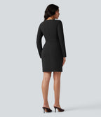 Square Neck Long Sleeve Mini Bodycon Work Dress — Black — view 2