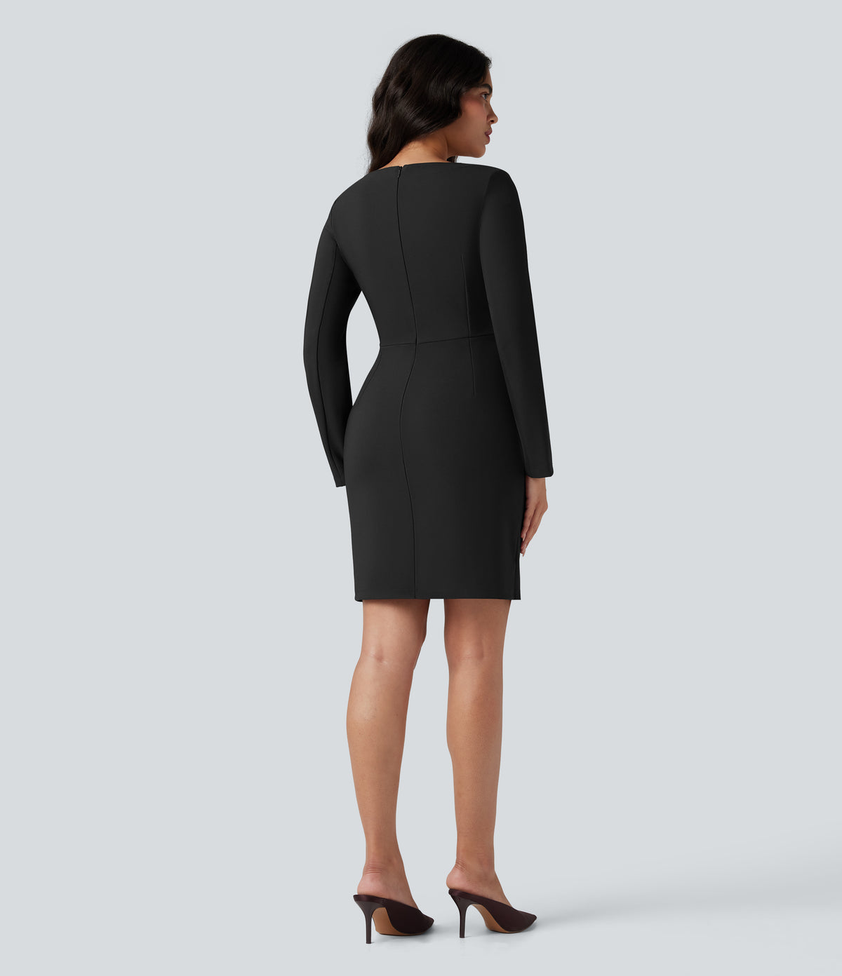 Square Neck Long Sleeve Mini Bodycon Work Dress — Black — view 2