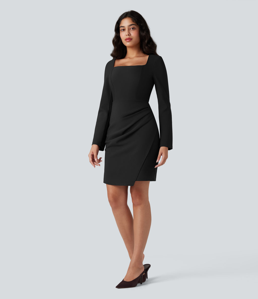 Square Neck Long Sleeve Mini Bodycon Work Dress — Black — view 3