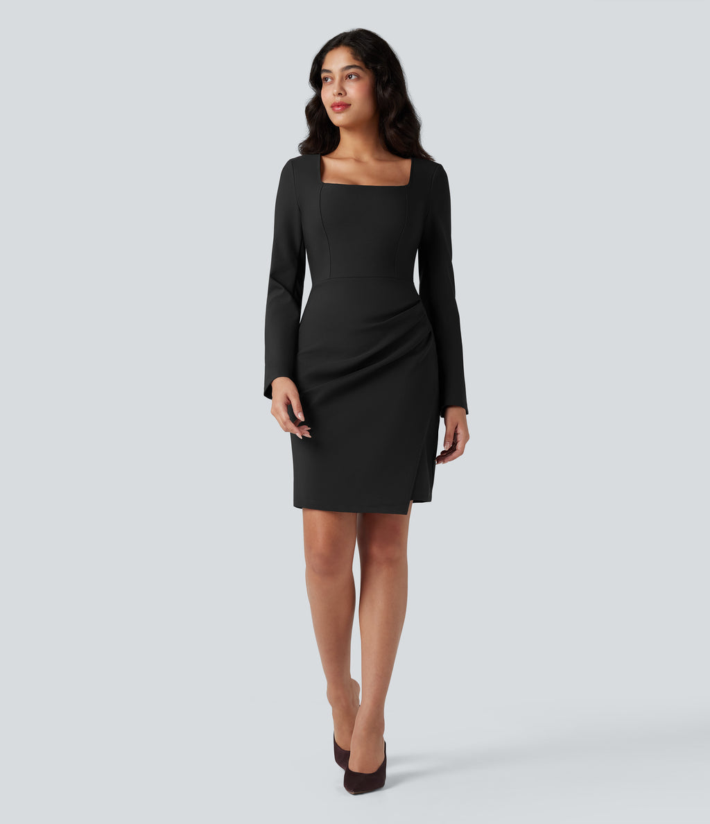 Square Neck Long Sleeve Mini Bodycon Work Dress — Black — view 1