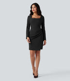 Square Neck Long Sleeve Mini Bodycon Work Dress — Black — view 1