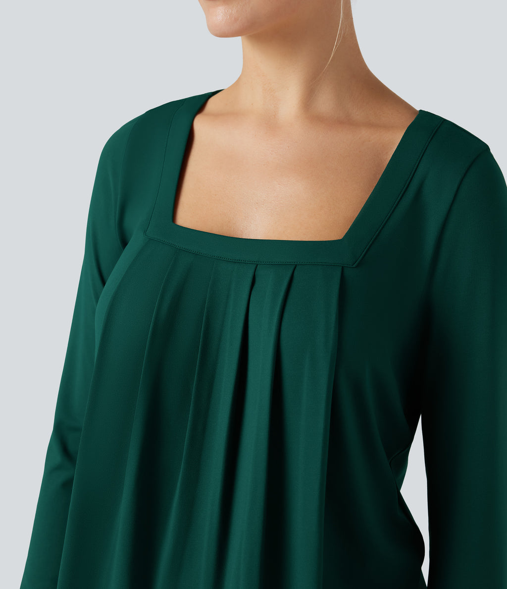 Square Neck Long Sleeve Casual Top — Rain Forest — view 4