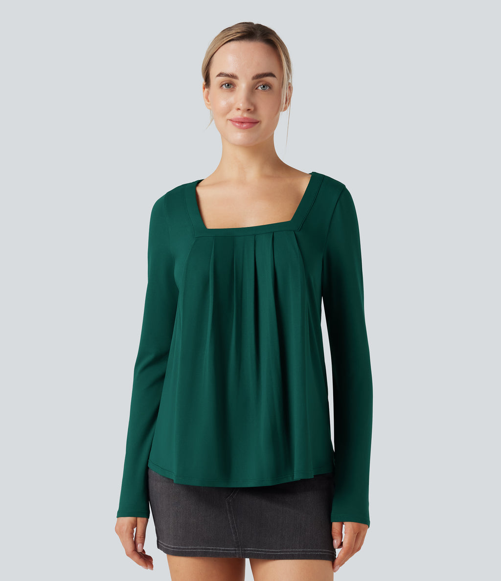 Square Neck Long Sleeve Casual Top — Rain Forest — view 1