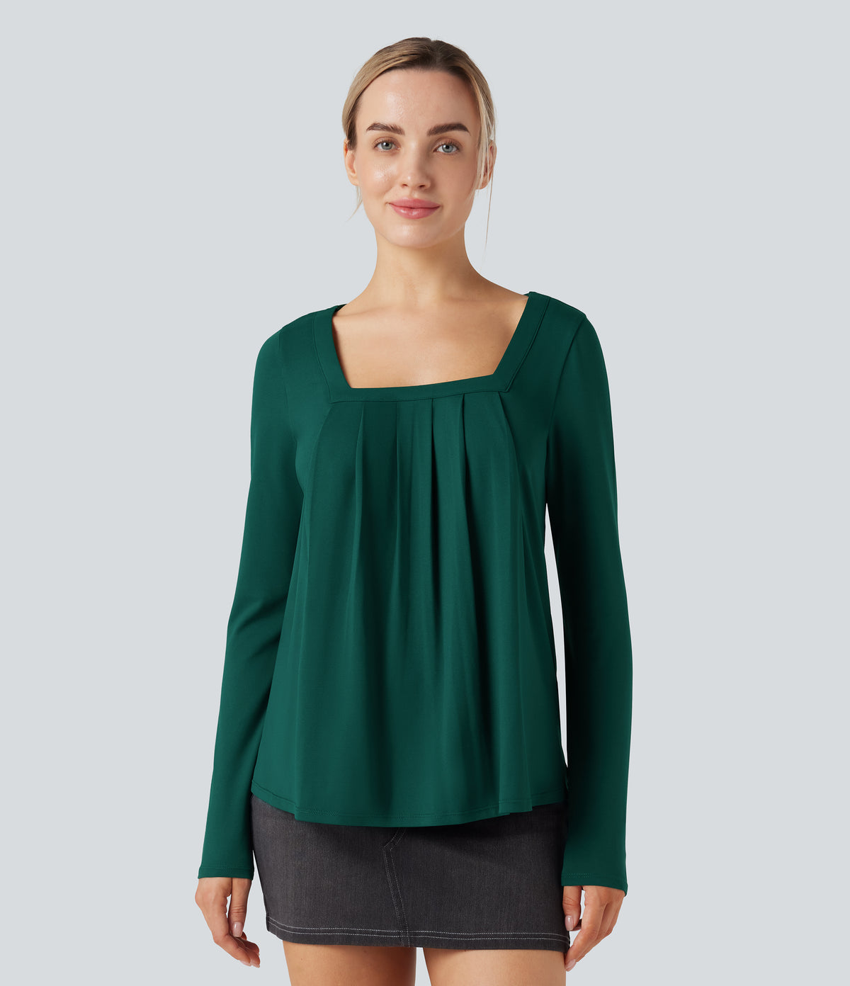 Square Neck Long Sleeve Casual Top — Rain Forest — view 1