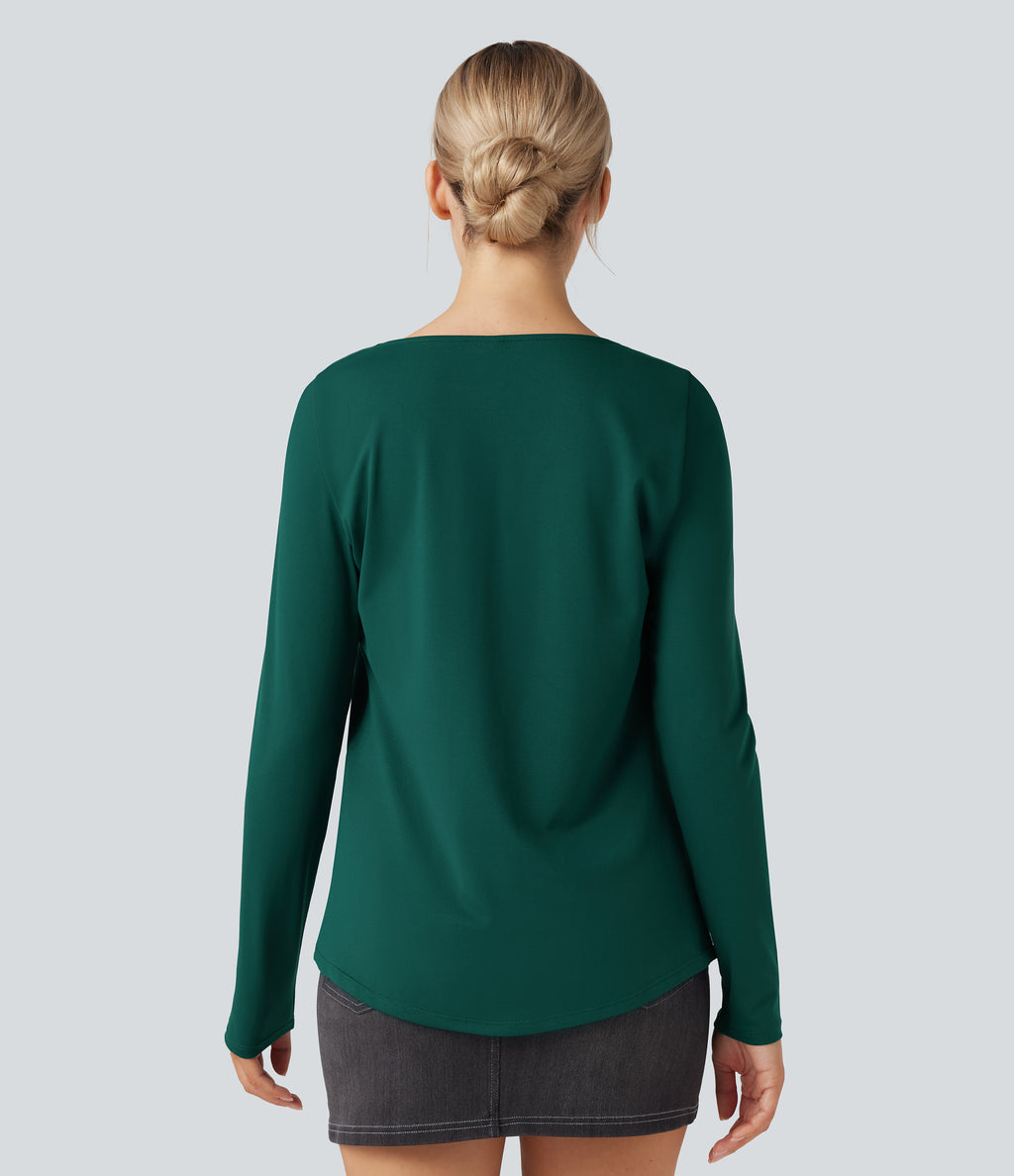 Square Neck Long Sleeve Casual Top — Rain Forest — view 2