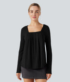 Square Neck Long Sleeve Casual Top — Black — view 6