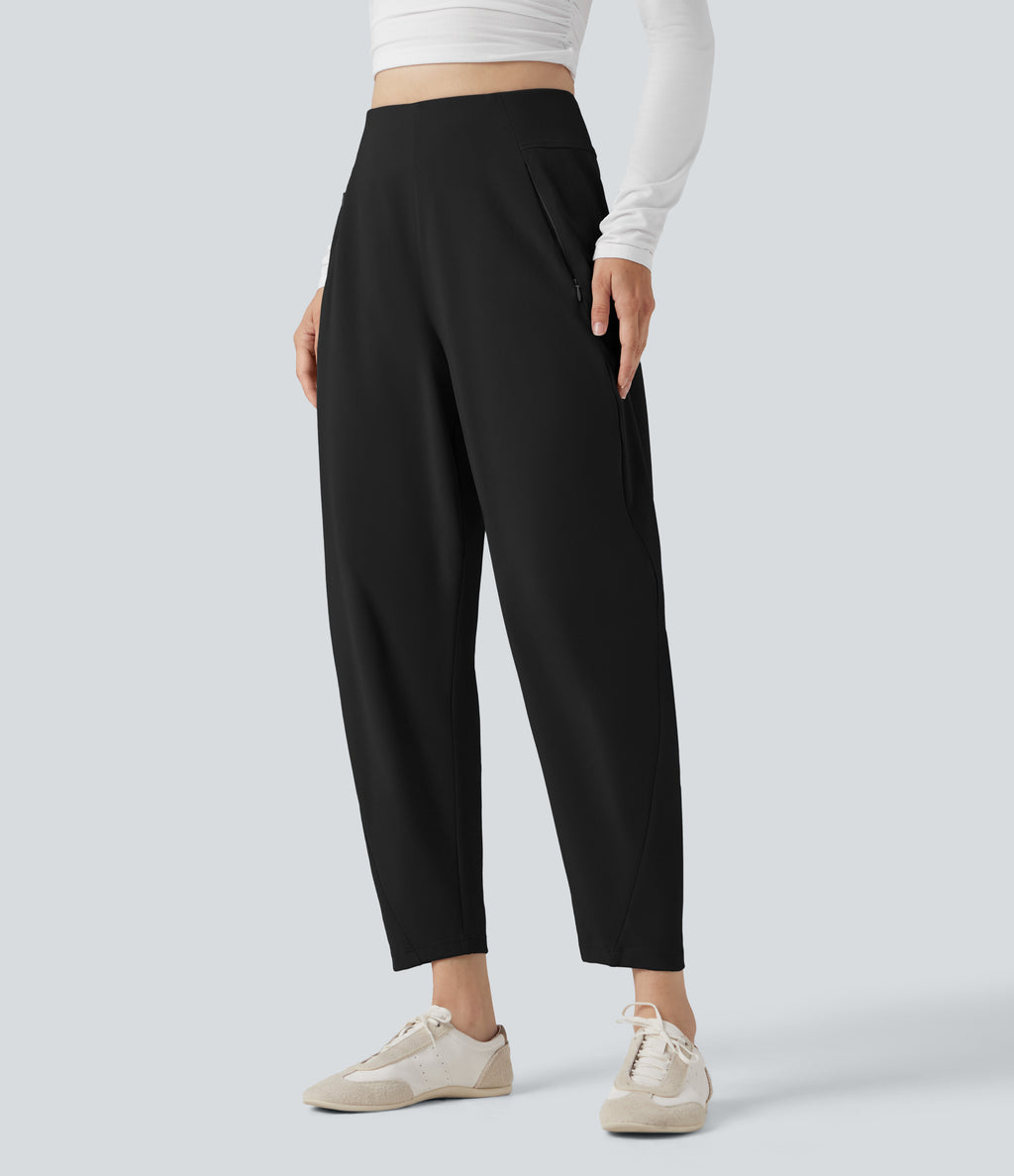 High Waisted Casual Tapered Trousers with Pockets — Black — view 1