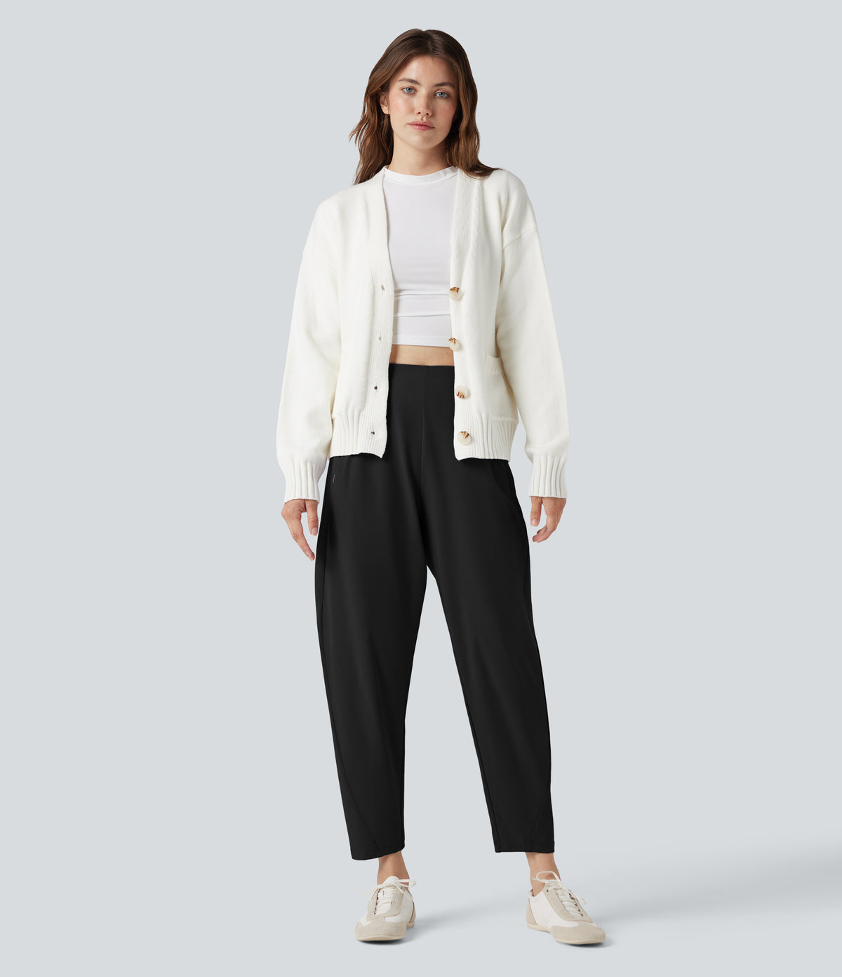 High Waisted Casual Tapered Trousers with Pockets — Black — view 7