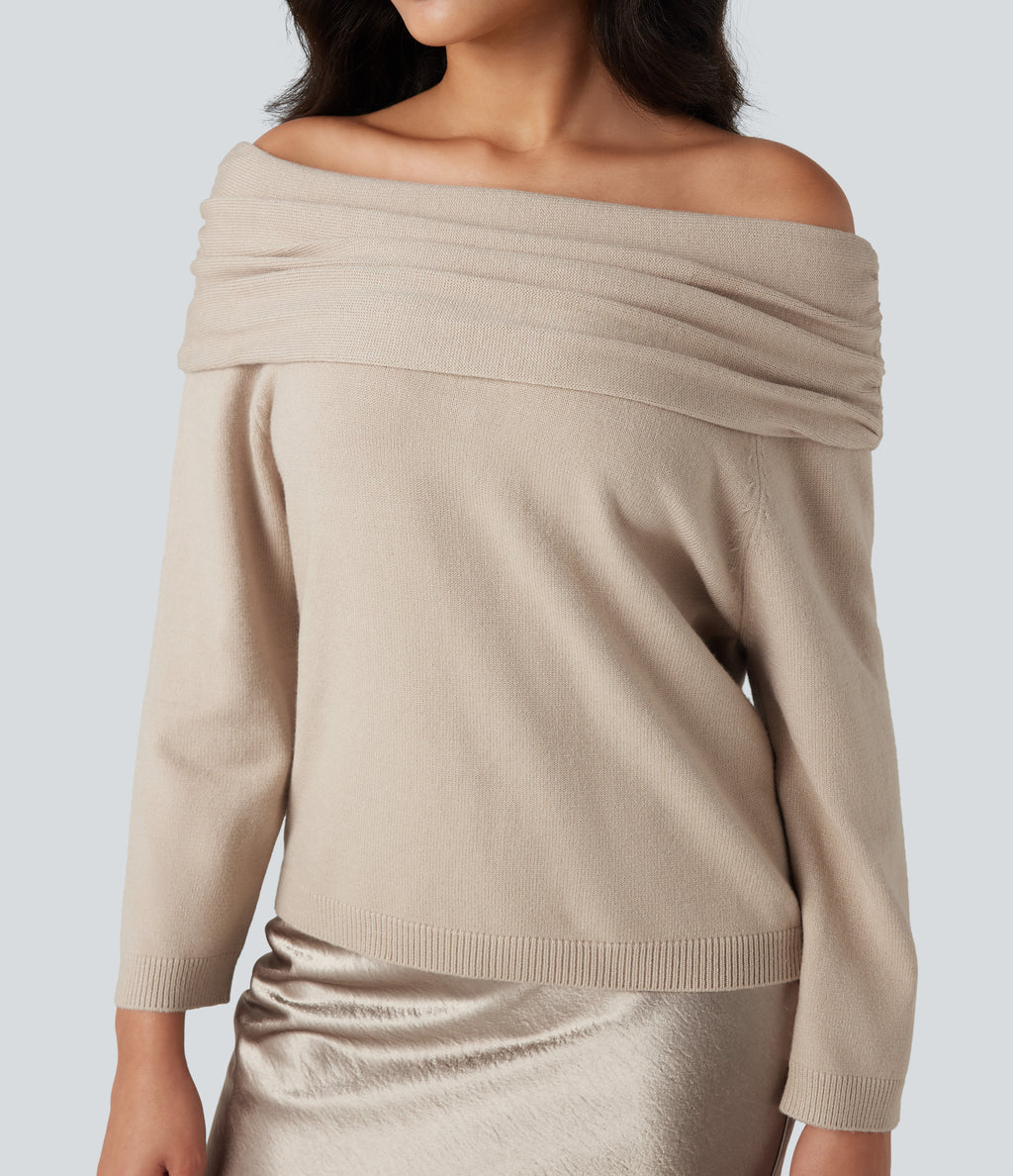 Off-shoulder Long Sleeve Work Jumper — Brazilian Sand — view 4