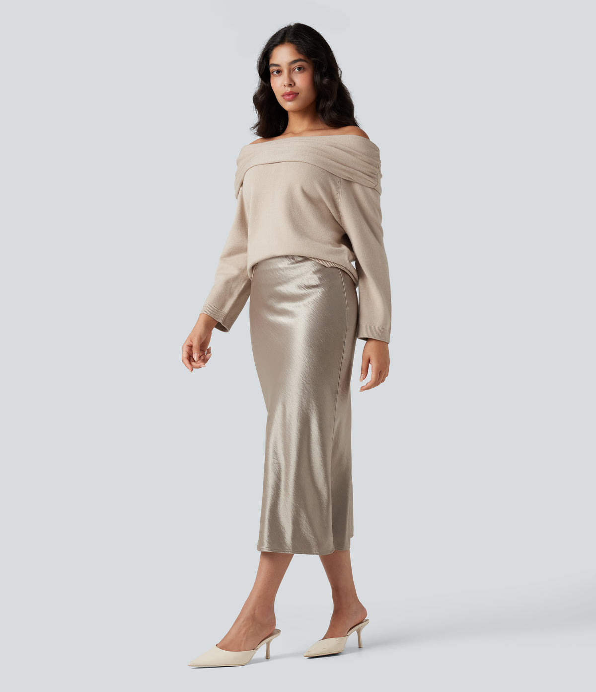 Off-shoulder Long Sleeve Work Jumper — Brazilian Sand — view 5