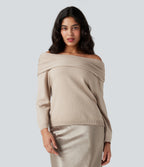 Off-shoulder Long Sleeve Work Jumper — Brazilian Sand — view 3