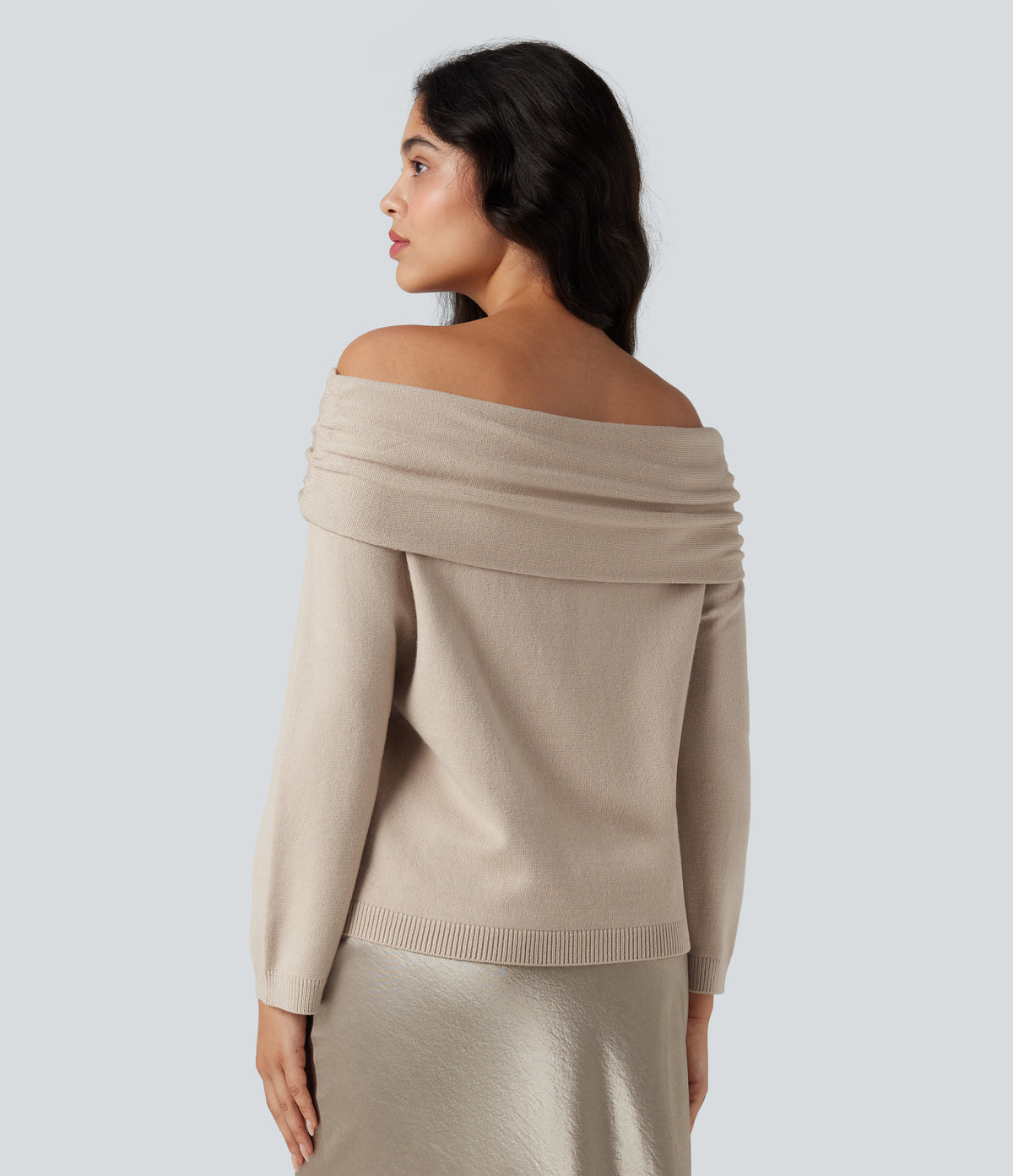 Off-shoulder Long Sleeve Work Jumper — Brazilian Sand — view 2