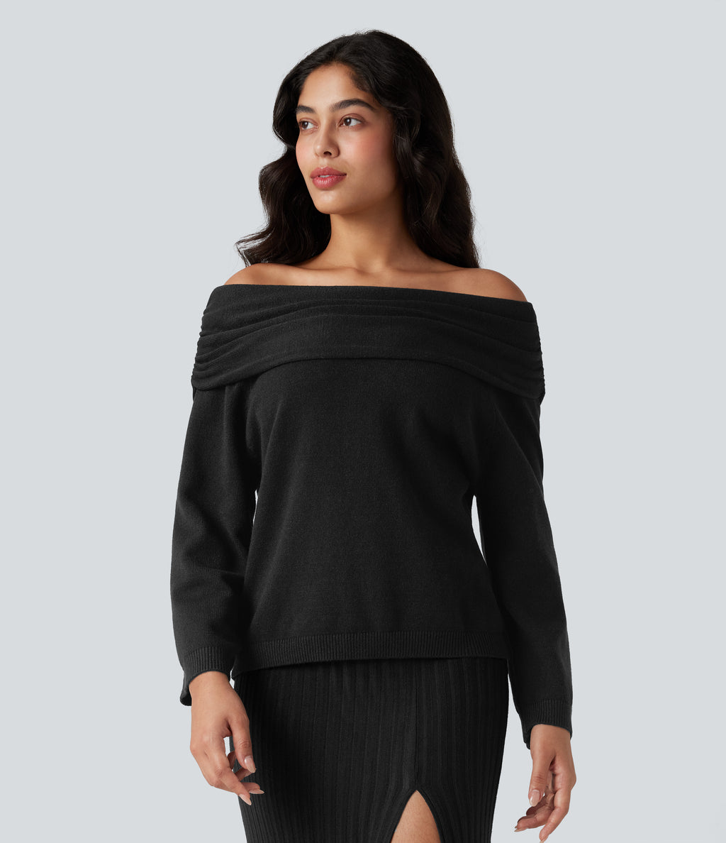 Off-shoulder Long Sleeve Work Jumper — Black — view 6