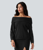 Off-shoulder Long Sleeve Work Jumper — Black — view 6