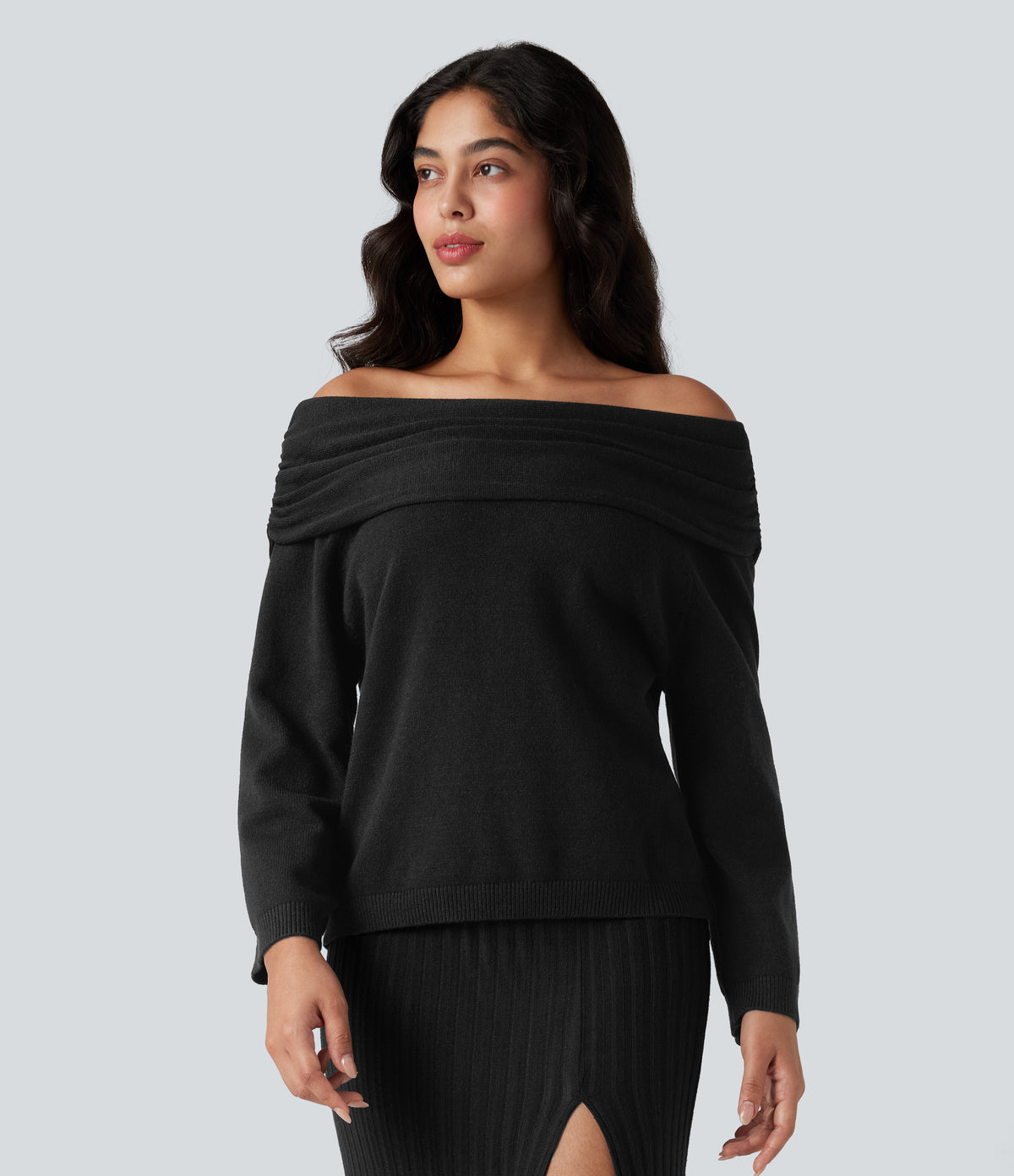 Off-shoulder Long Sleeve Work Jumper — Black — view 6