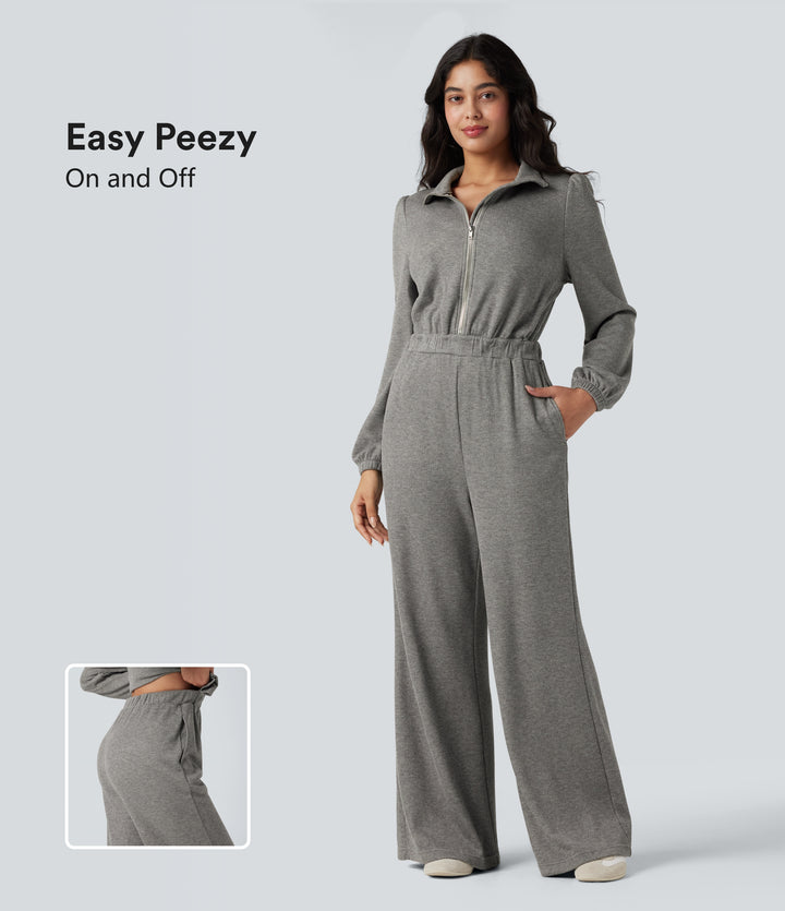 Half Zip Long Sleeve Wide Leg Fleece Casual Jumpsuit with Pockets-Edition — Pebble Grey — view 1