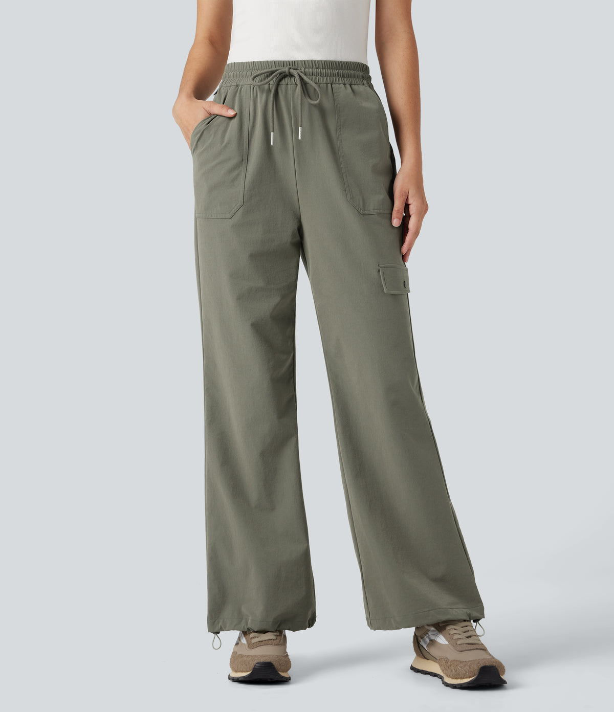 High Waisted Drawstring Bootcut Hiking Trousers with Pockets — Vetiver — view 3