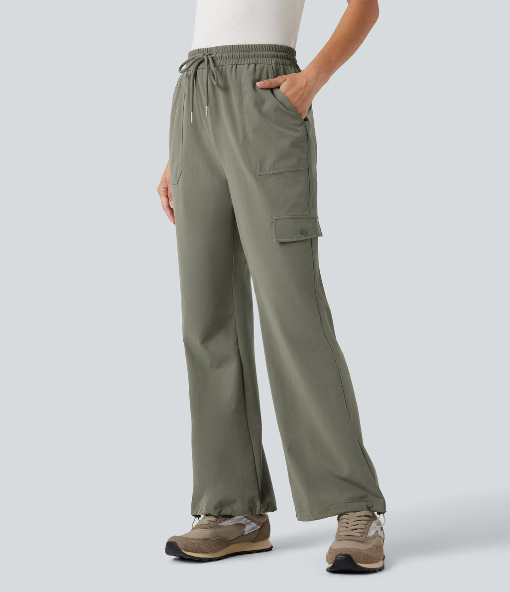 High Waisted Drawstring Bootcut Hiking Trousers with Pockets — Vetiver — view 4