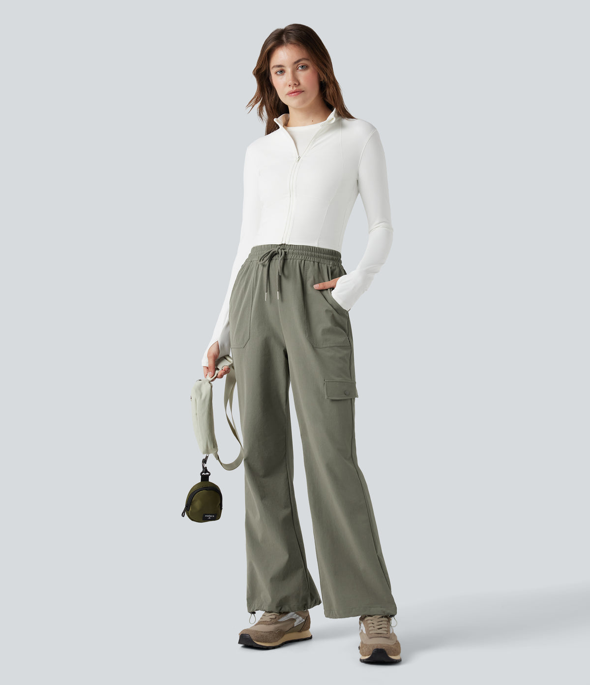 High Waisted Drawstring Bootcut Hiking Trousers with Pockets — Vetiver — view 1