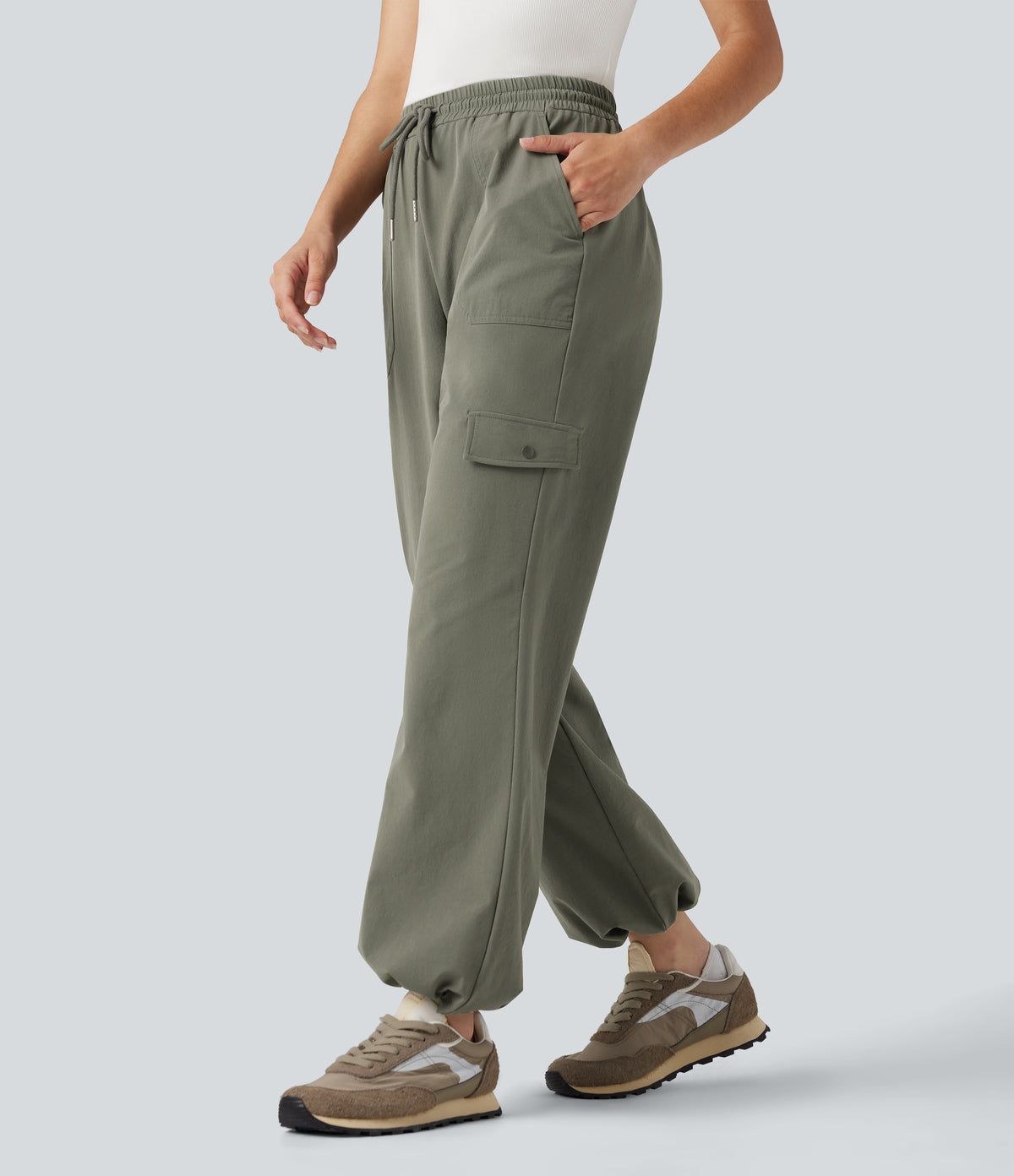 High Waisted Drawstring Bootcut Hiking Trousers with Pockets — Vetiver — view 6