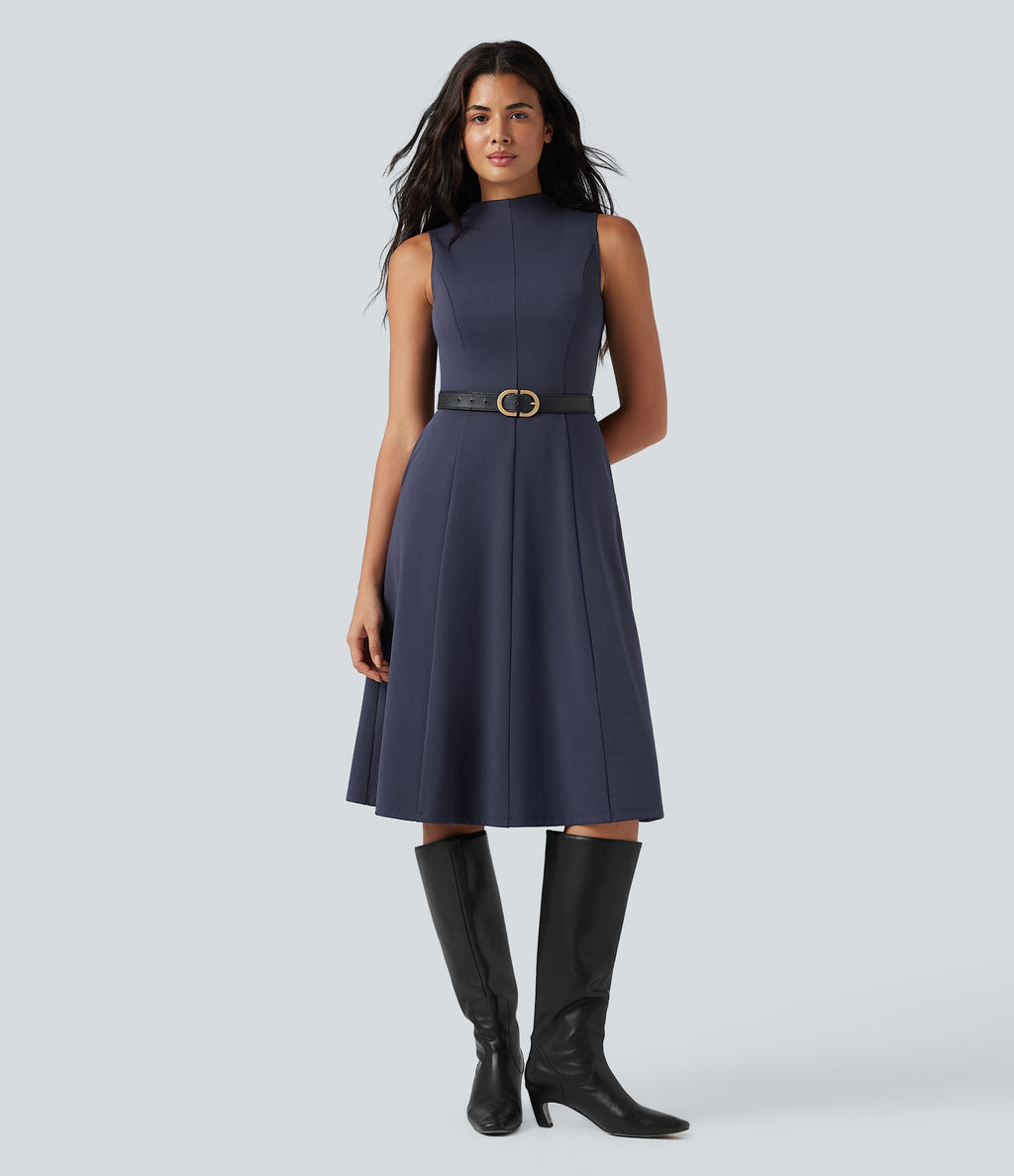 Mock Neck Sleeveless Midi Work Dress with Pockets — Mountain Blue — view 6