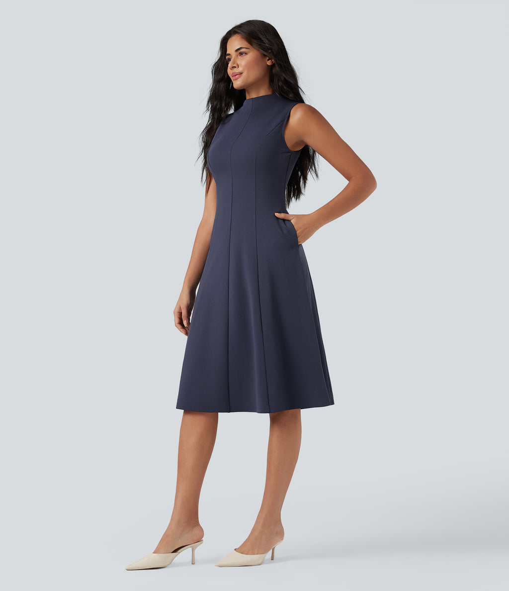 Mock Neck Sleeveless Midi Work Dress with Pockets — Mountain Blue — view 3