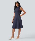 Mock Neck Sleeveless Midi Work Dress with Pockets — Mountain Blue — view 3