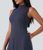 Mock Neck Sleeveless Midi Work Dress with Pockets — Mountain Blue — view 5