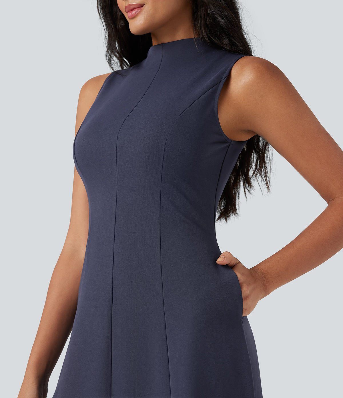 Mock Neck Sleeveless Midi Work Dress with Pockets — Mountain Blue — view 5