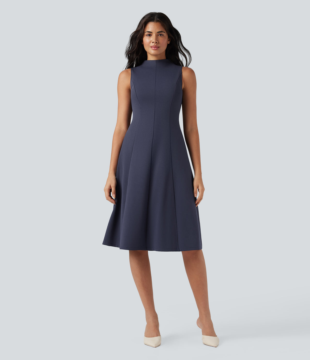 Mock Neck Sleeveless Midi Work Dress with Pockets — Mountain Blue — view 1