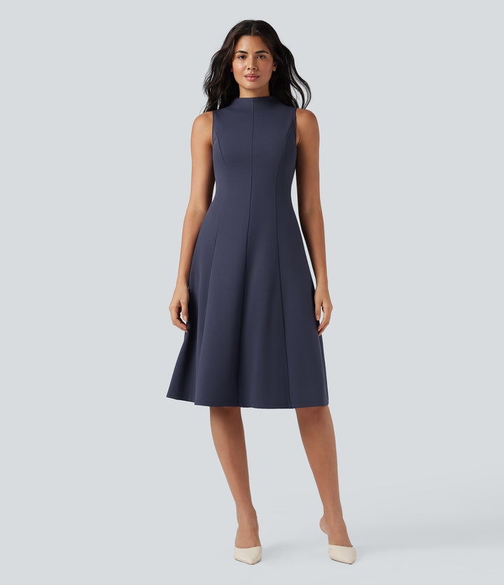 Mock Neck Sleeveless Midi Work Dress with Pockets — Mountain Blue — view 1