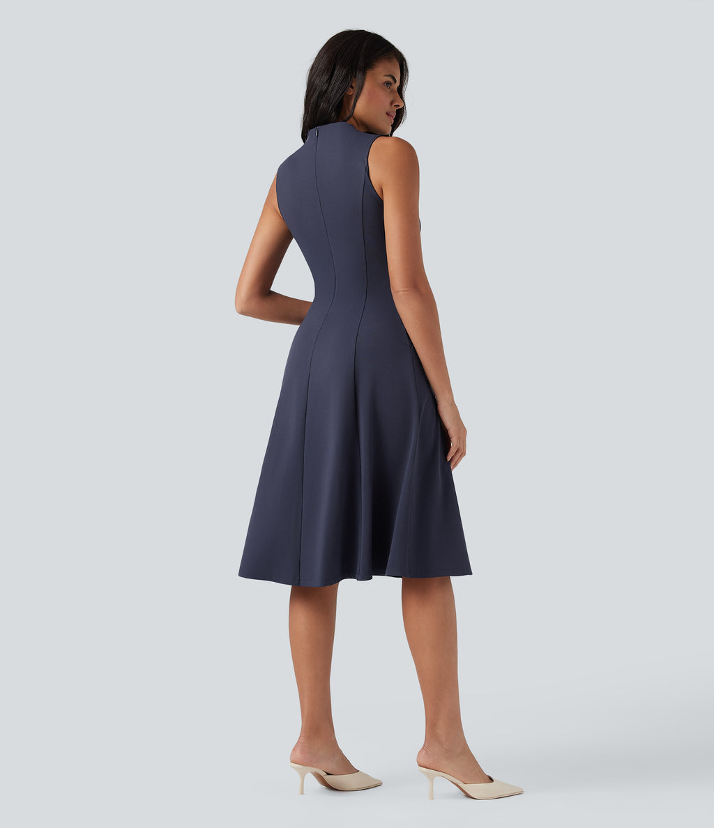 Mock Neck Sleeveless Midi Work Dress with Pockets — Mountain Blue — view 2