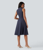 Mock Neck Sleeveless Midi Work Dress with Pockets — Mountain Blue — view 2