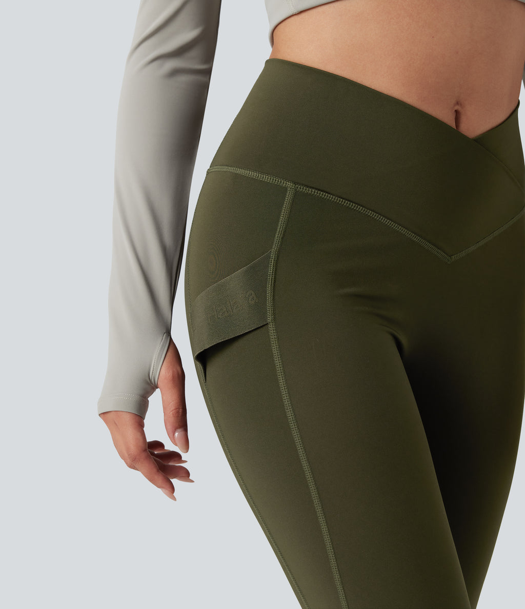 Wear-Resistant Reflective Crossover High Waisted Hiking 7/8 Leggings with Pocket — Twilight Green — view 4
