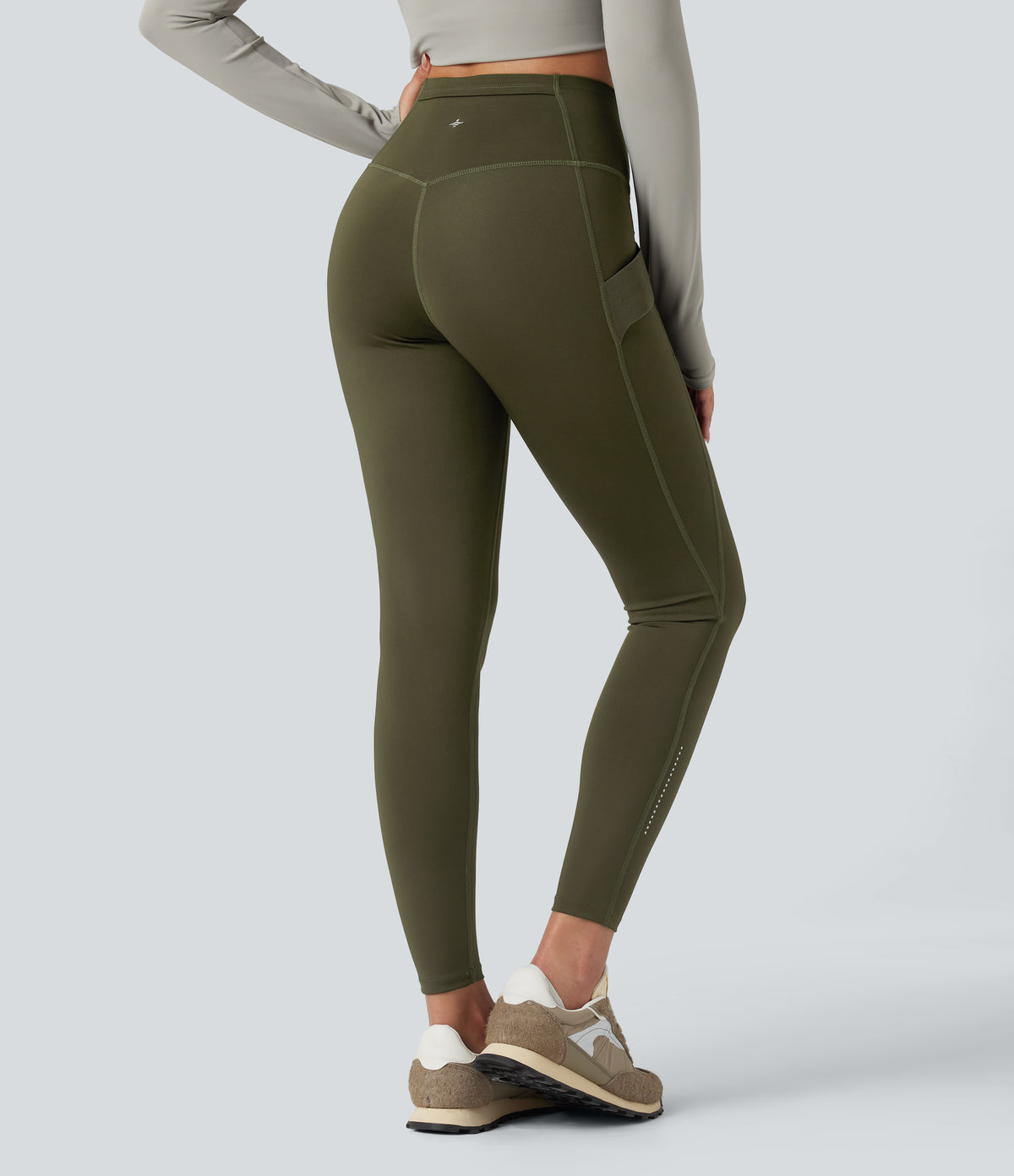Wear-Resistant Reflective Crossover High Waisted Hiking 7/8 Leggings with Pocket — Twilight Green — view 2