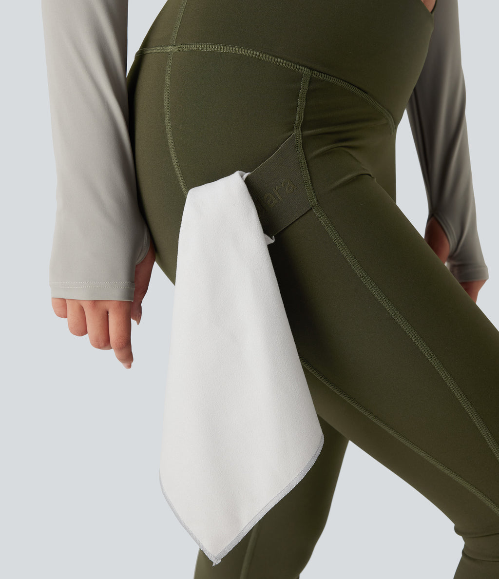Wear-Resistant Reflective Crossover High Waisted Hiking 7/8 Leggings with Pocket — Twilight Green — view 7