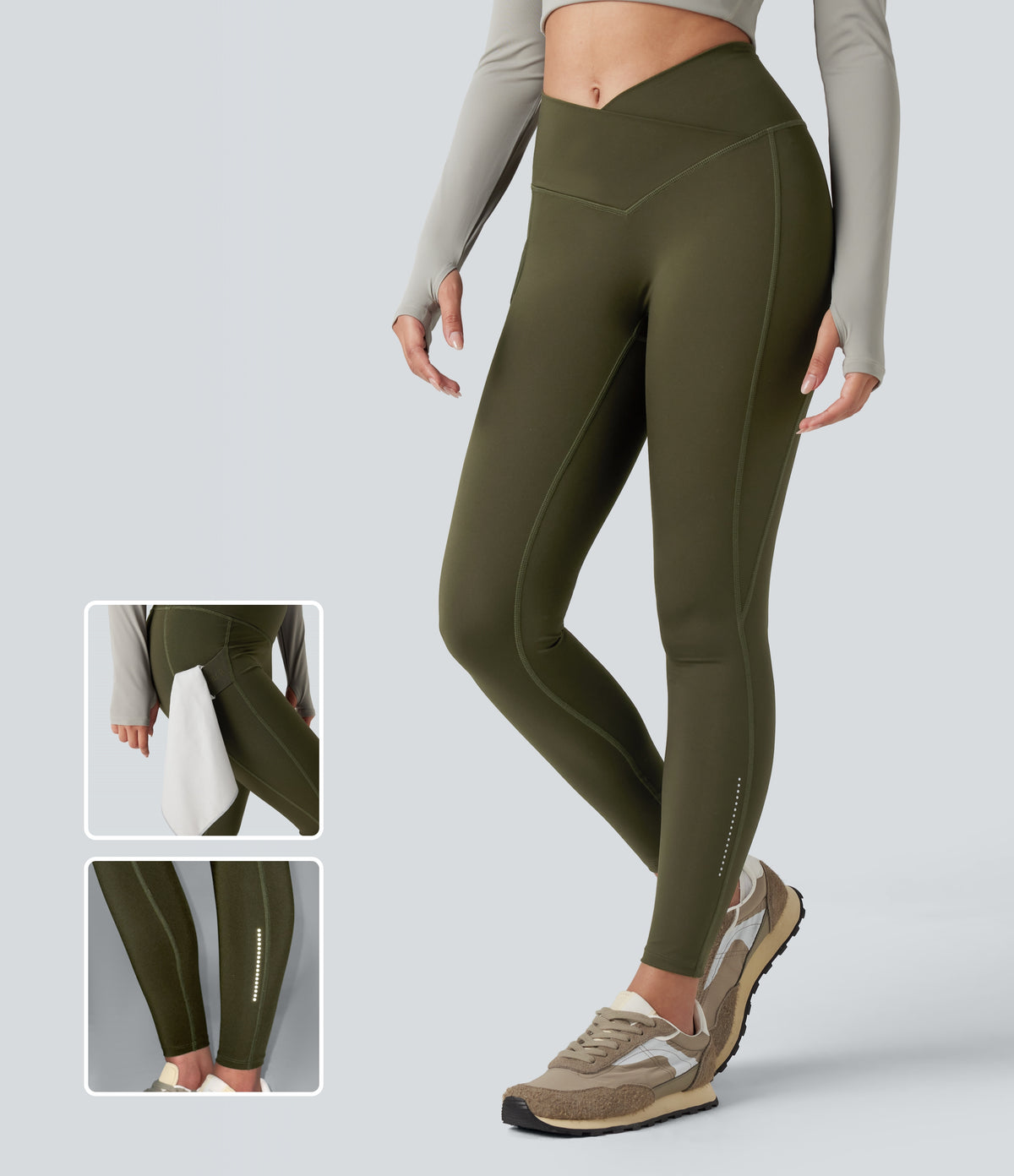 Wear-Resistant Reflective Crossover High Waisted Hiking 7/8 Leggings with Pocket — Twilight Green — view 1