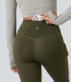 Wear-Resistant Reflective Crossover High Waisted Hiking 7/8 Leggings with Pocket — Twilight Green — view 6